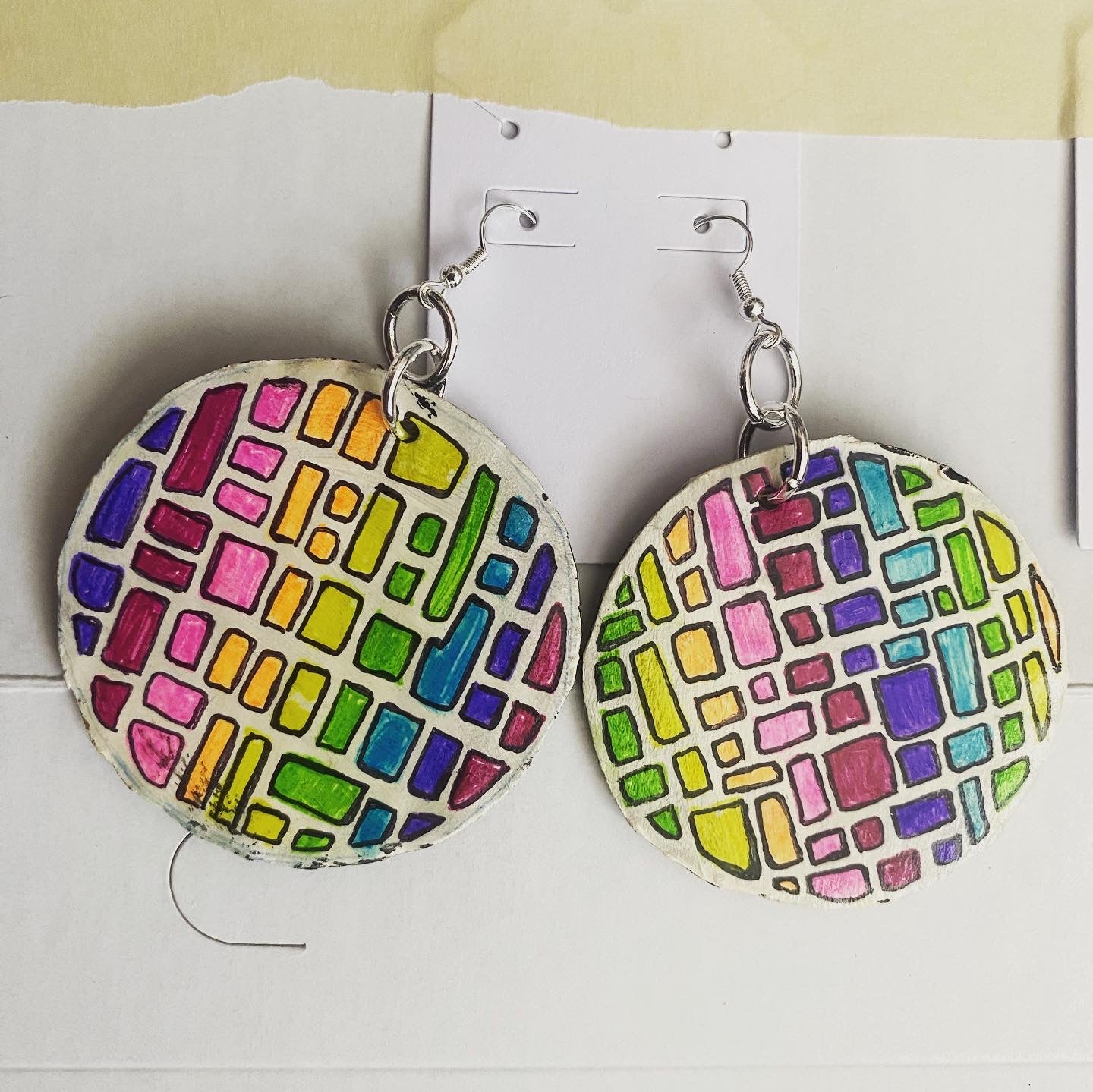 Rainbow disco ball cardboard earrings