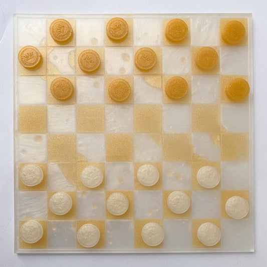 liquid gold and pearl checker board and pieces