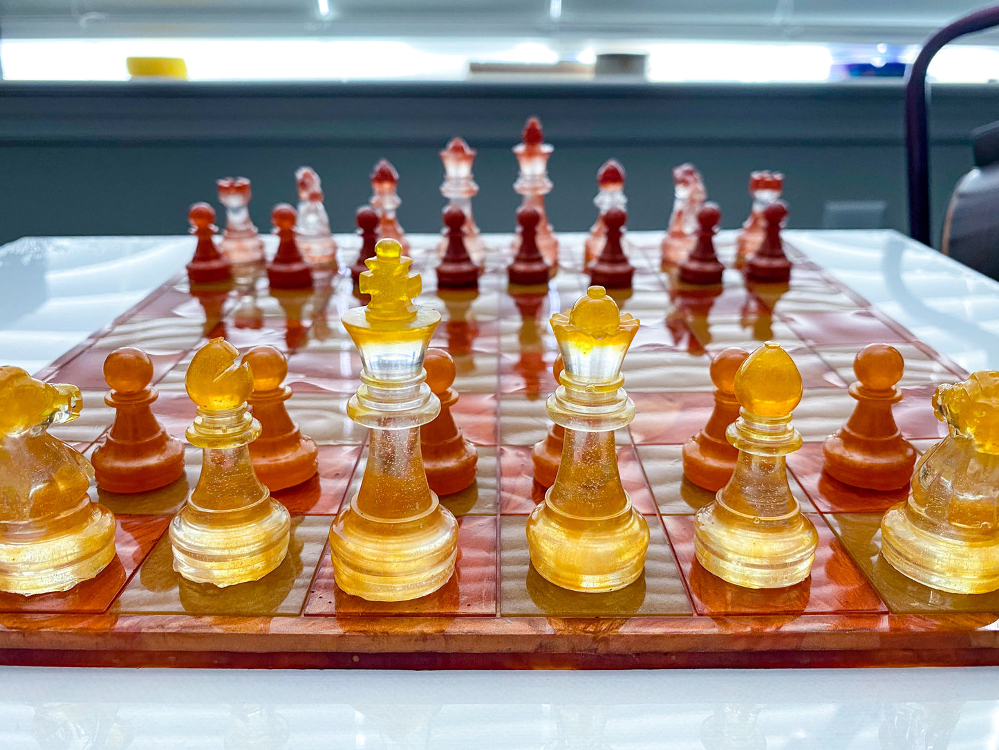Handmade fire inspired resin chess set