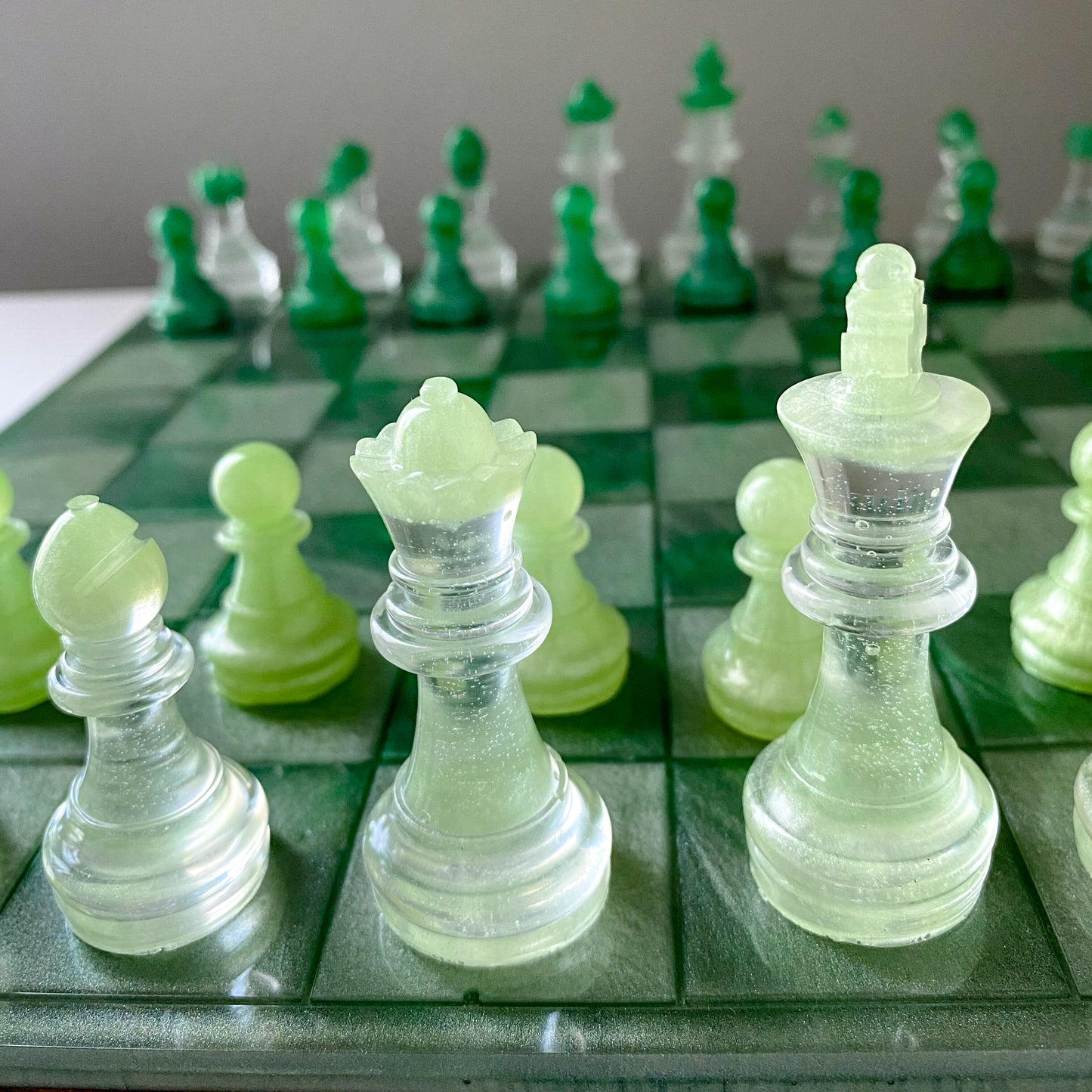 Handmade frog inspired resin chess set