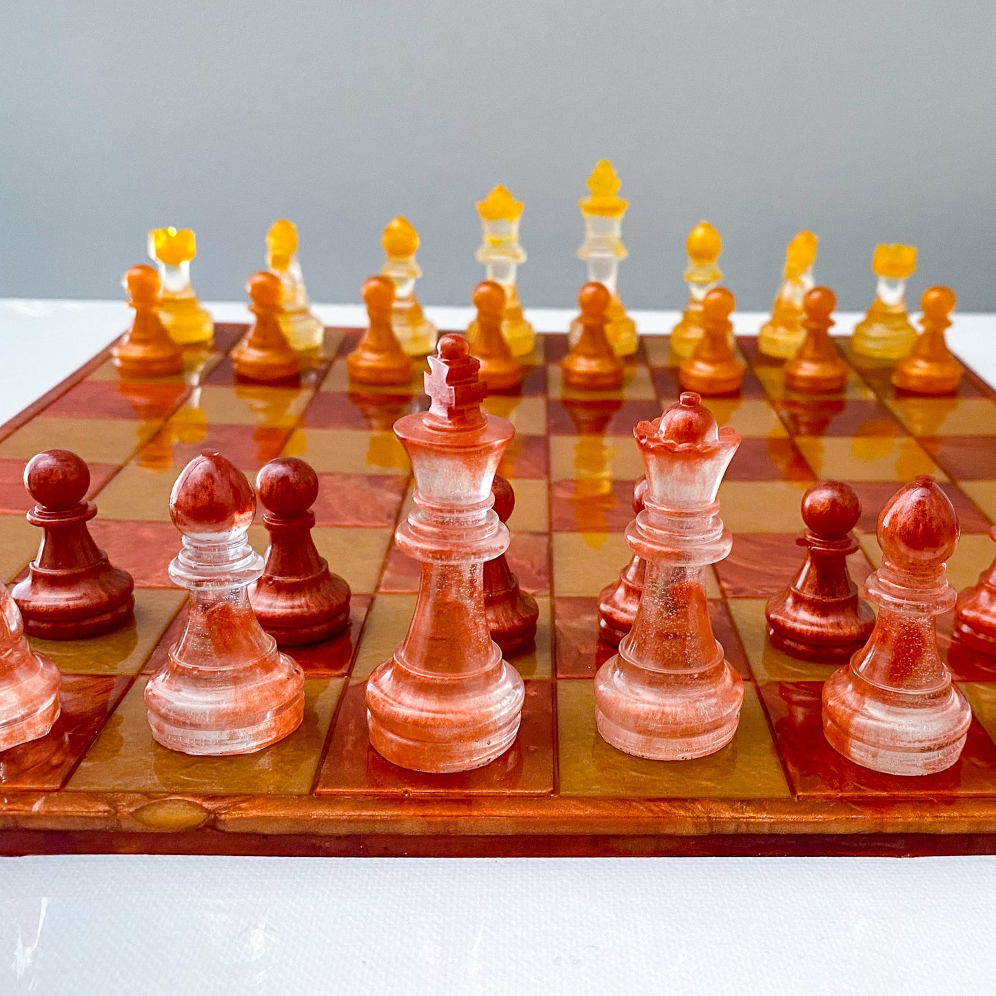 Handmade fire inspired resin chess set
